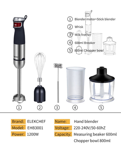 ElekChef 5 in 1 Multifunctional 1200W Electric Hand Stick Blender Immersion Handheld Mixer Food Processor Chopper Beater Frother
